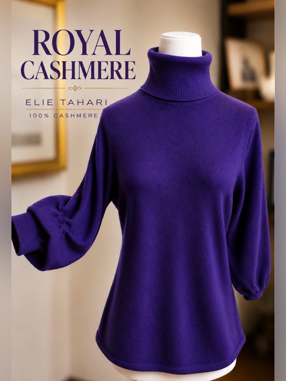 Elie Tahari 100% Cashmere Vibrant Purple Turtleneck Sweater | Luxe Knit